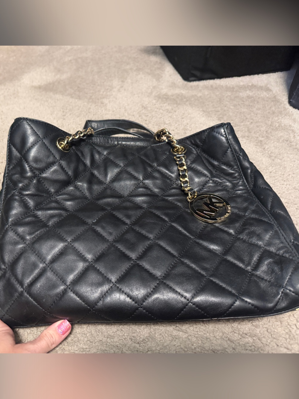 Michael Kors Black Quilted Shoulder Tote with Gold Chain Charm